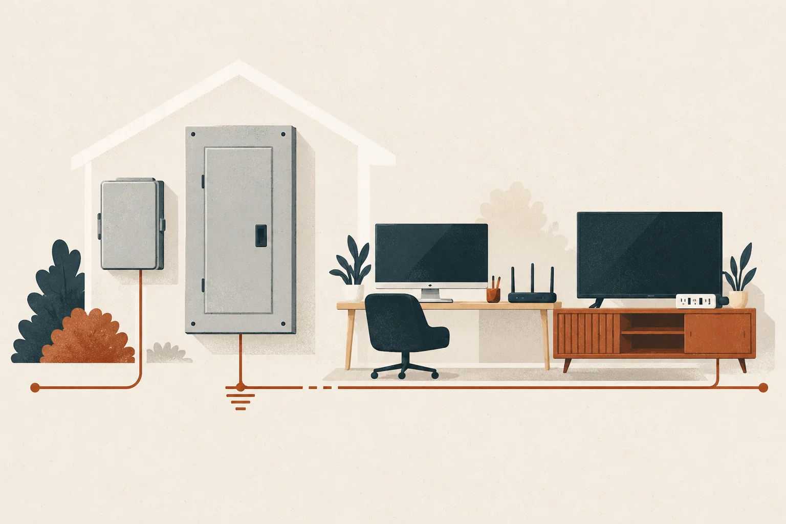 Closed electrical panel and generic whole-home surge device beside a computer, router, television, and point-of-use surge protector.