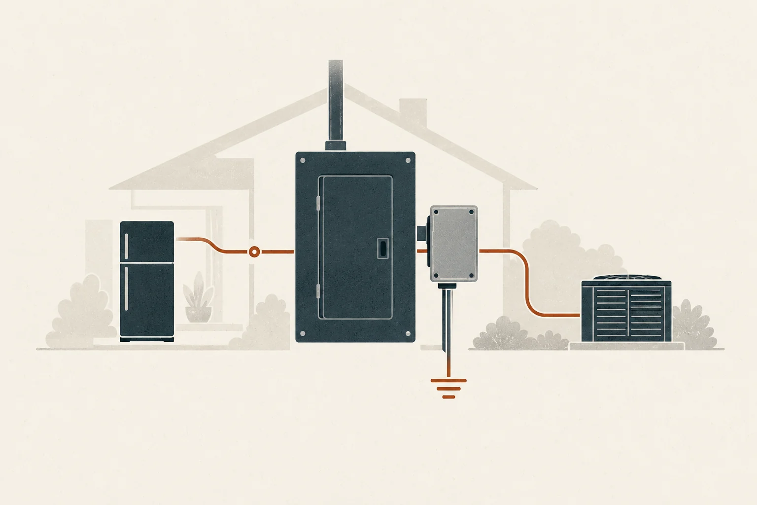 Generic whole-home surge device beside a closed residential electrical panel, with a routed protection line continuing toward a refrigerator and outdoor HVAC unit.