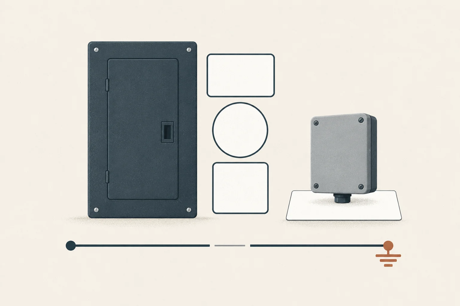 Generic compact Type 1 whole-home surge device beside a closed outdoor-rated panel, illustrating Square D HEPD80 fit.