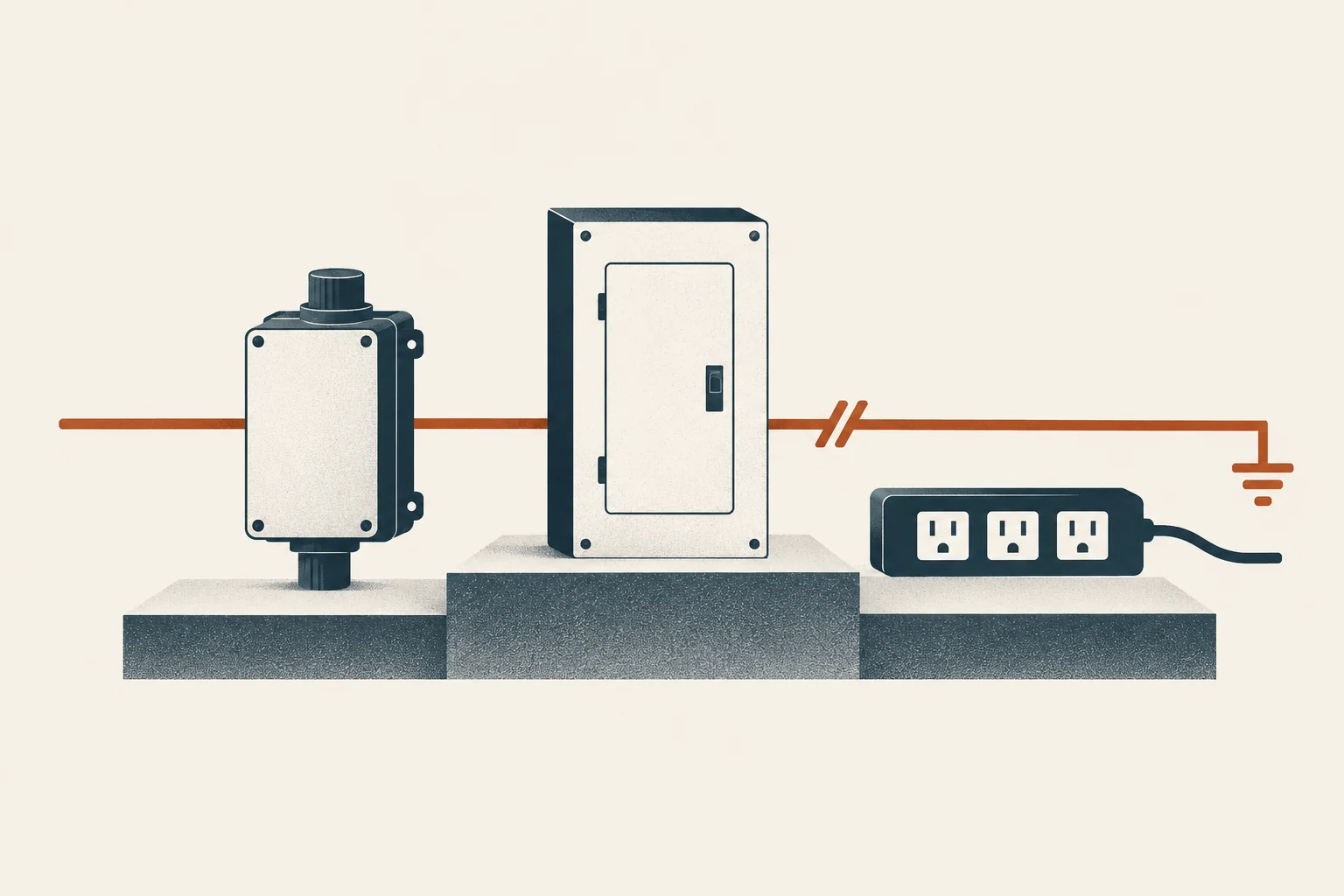 Three-stage residential surge protection path labeled by location from electrical service to panel to point-of-use outlet.