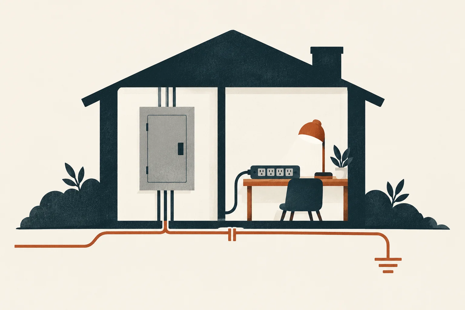Layered surge protection path from a closed electrical panel to a listed plug-in protector beside home electronics.